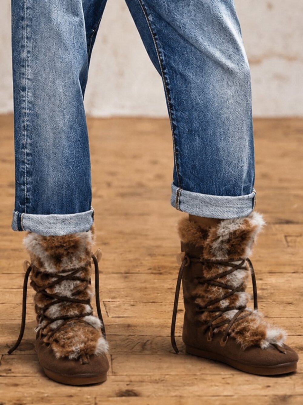 Vintage-Inspired Brown Suede & Fur Lace-Up Boots